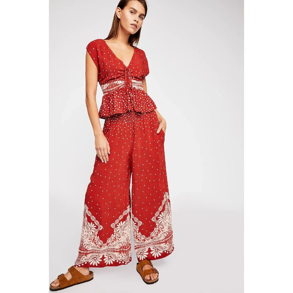 NWT Free People Babylon River Set in Burnt Orange Top Wide Leg Pants XS $148